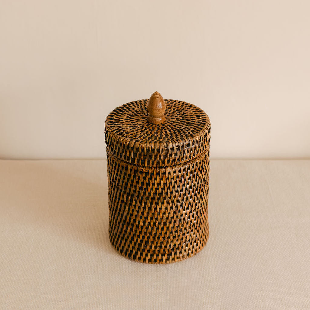 Small Rattan Cylinder Pot with Lid | Cotton Wool Holder or Bathroom Storage