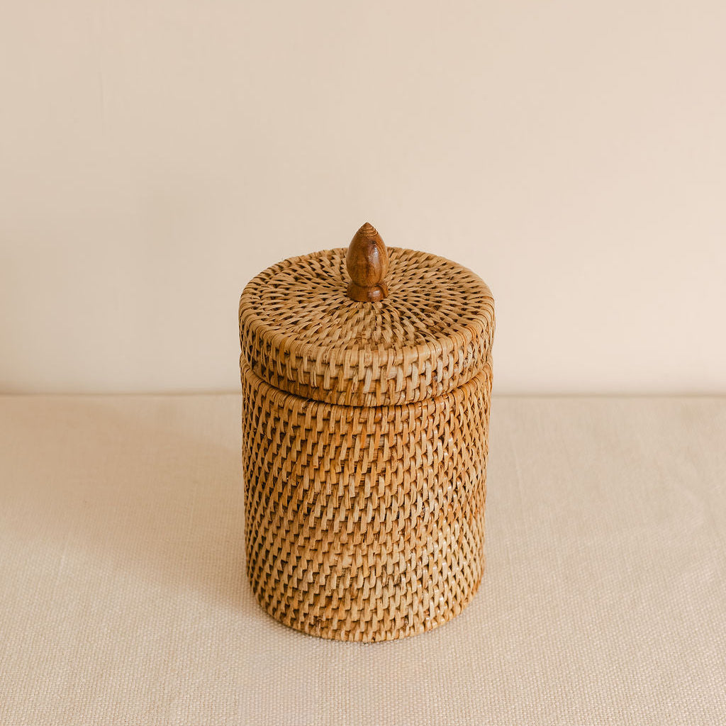 Small Rattan Cylinder Pot with Lid | Cotton Wool Holder or Bathroom Storage
