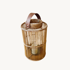 Handwoven Round Rattan Lantern with Glass Candle Holder & Leather Handle