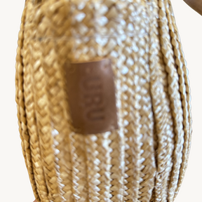 Round Straw Bag with Genuine Leather Handles
