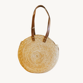 Round Straw Bag with Genuine Leather Handles