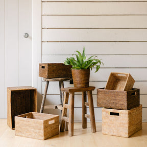 Rattan Large Rectangular Storage Basket with Insert Handles