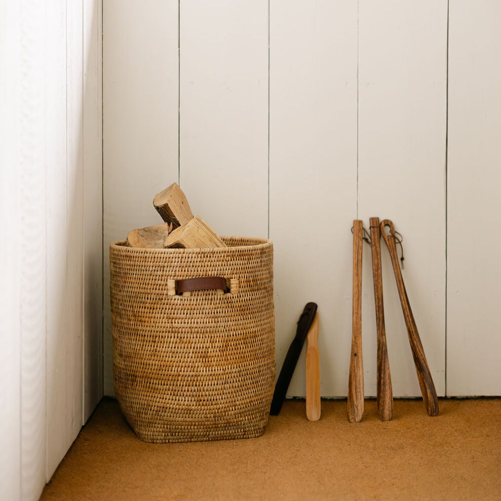 Rattan Tall Storage Basket with Insert Leather Handles