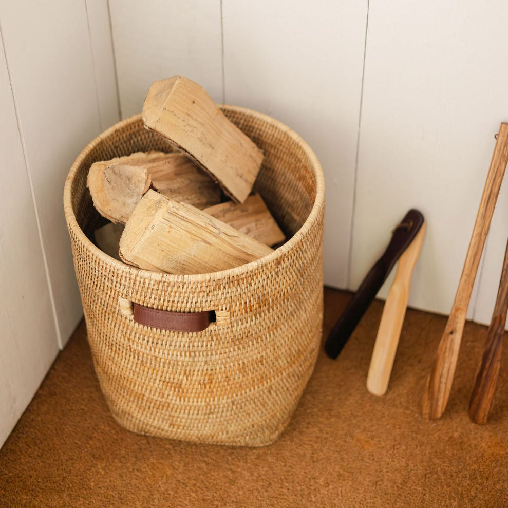 Rattan Tall Storage Basket with Insert Leather Handles