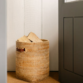 Rattan Tall Storage Basket with Insert Leather Handles