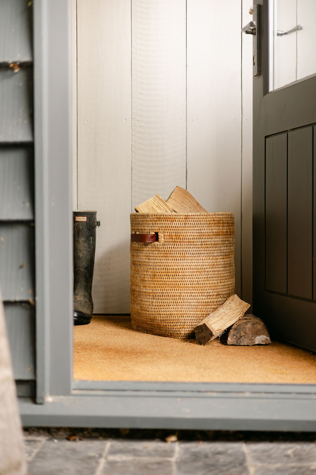 Rattan Tall Storage Basket with Insert Leather Handles