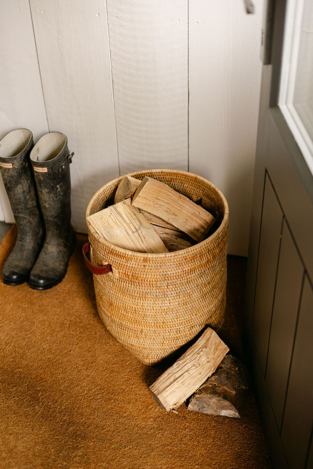 Rattan Tall Storage Basket with Insert Leather Handles