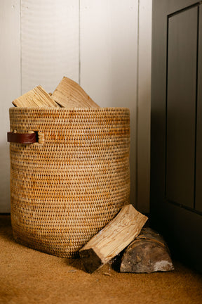 Rattan Tall Storage Basket with Insert Leather Handles