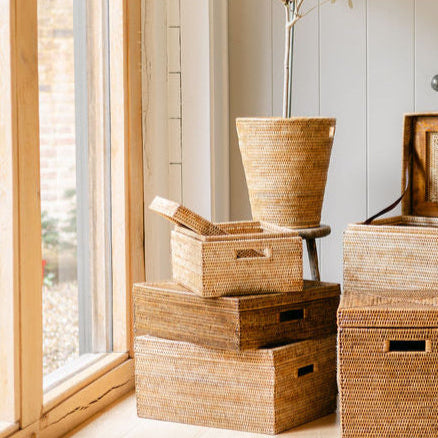 Rattan Lidded Rectangular Storage Box with Insert Handles