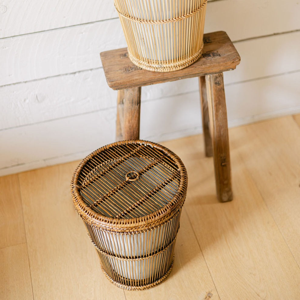 Rattan & Bamboo Mix Lidded Waste Bin with Liner