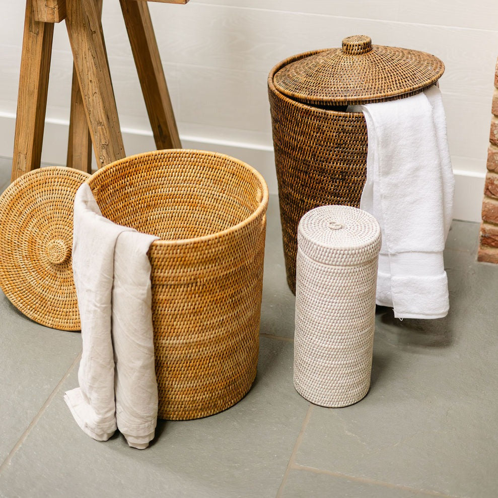 Rattan Tall Toilet Roll Holder with Ring Lid