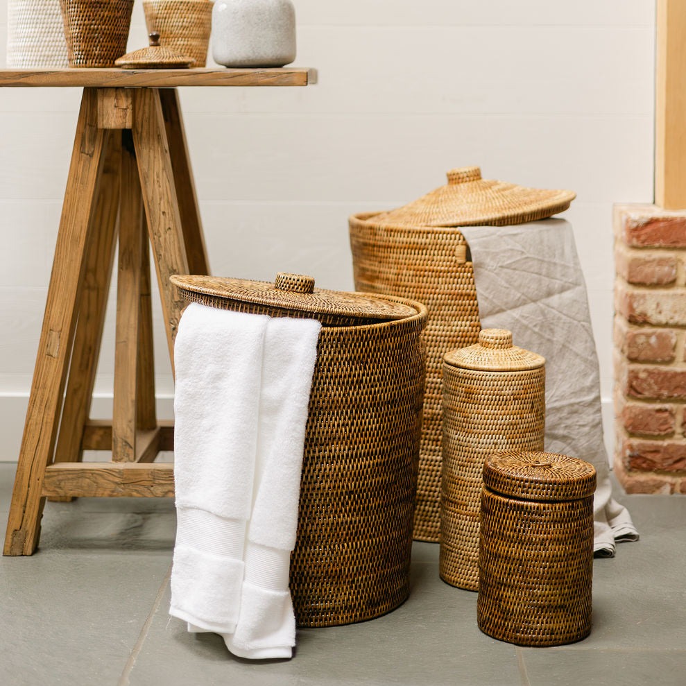 Rattan Short Toilet Roll Holder with Ring Lid