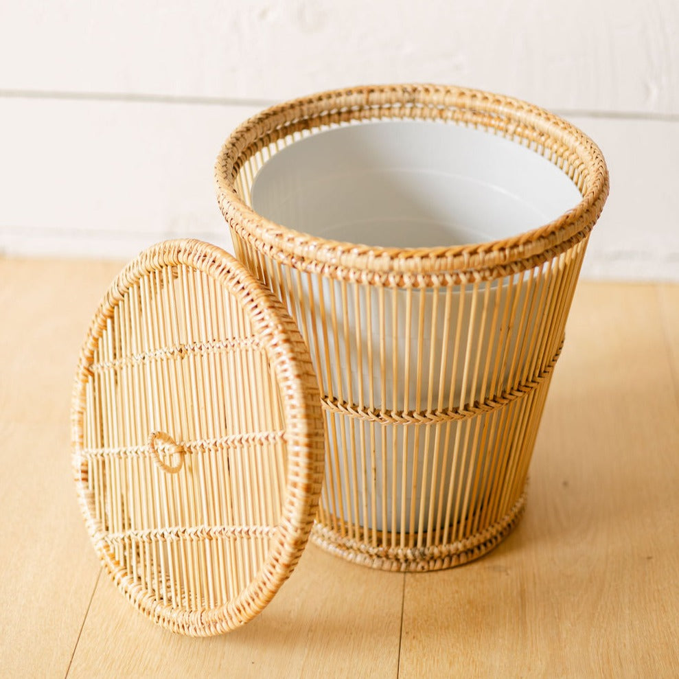 Rattan & Bamboo Mix Lidded Waste Bin with Liner