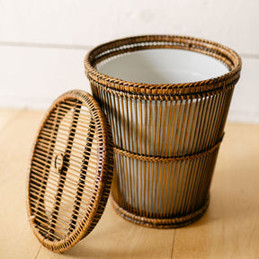 Rattan & Bamboo Mix Lidded Waste Bin with Liner