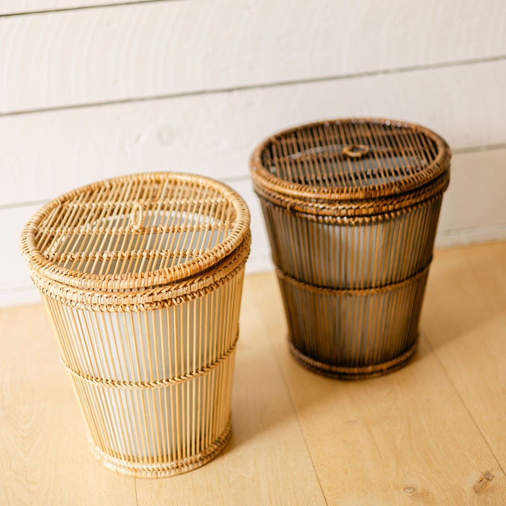 Rattan & Bamboo Mix Lidded Waste Bin with Liner