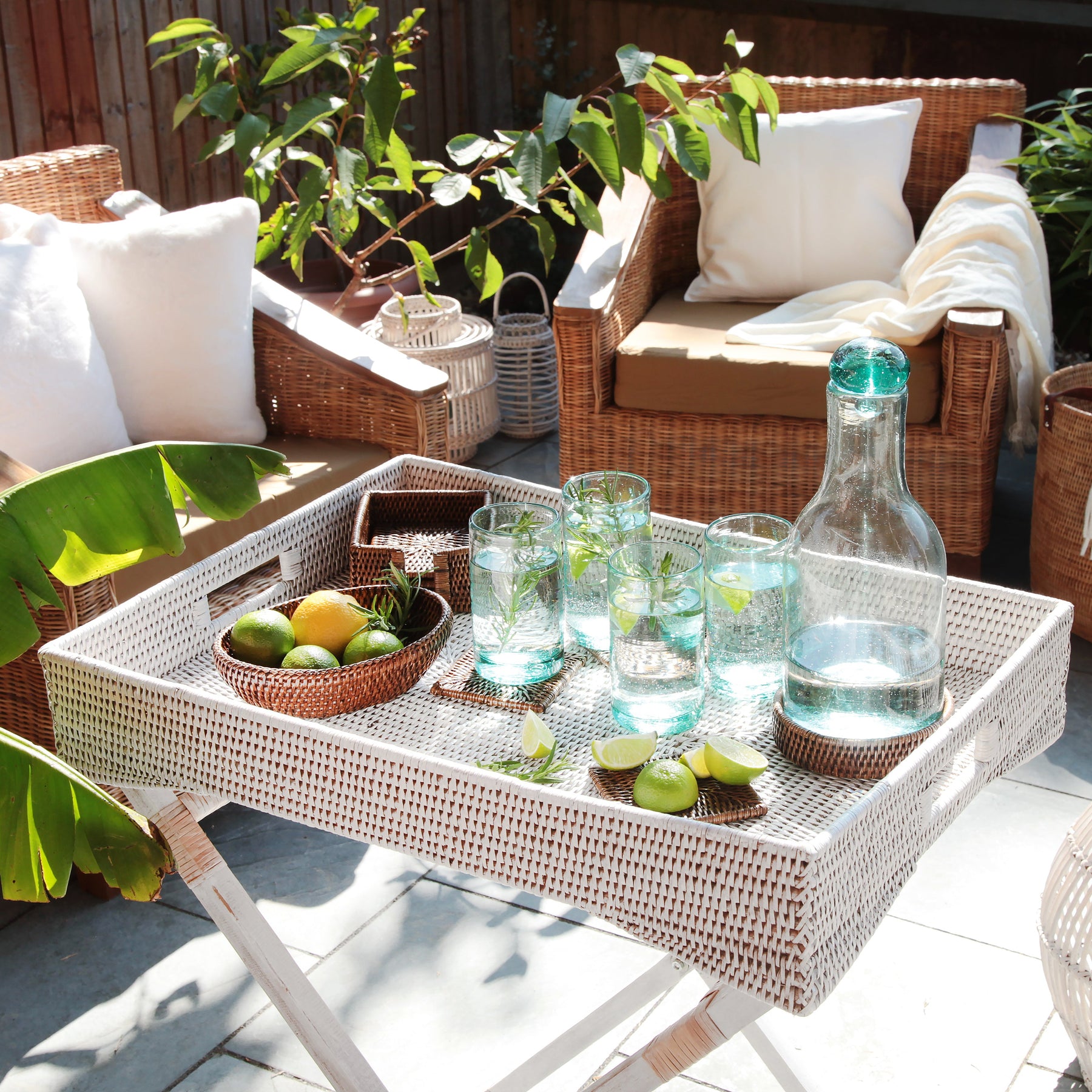 Rattan Butler Tray with Wooden Legs