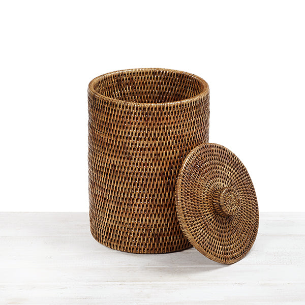 Rattan Lidded Cylindrical Waste Bin with Liner