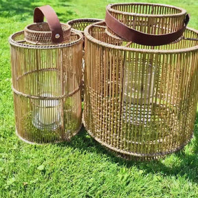 Large Rattan Lantern with Glass Candle Holder & Leather Handle