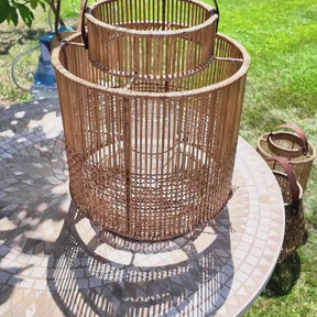 Large Rattan Lantern with Glass Candle Holder & Leather Handle