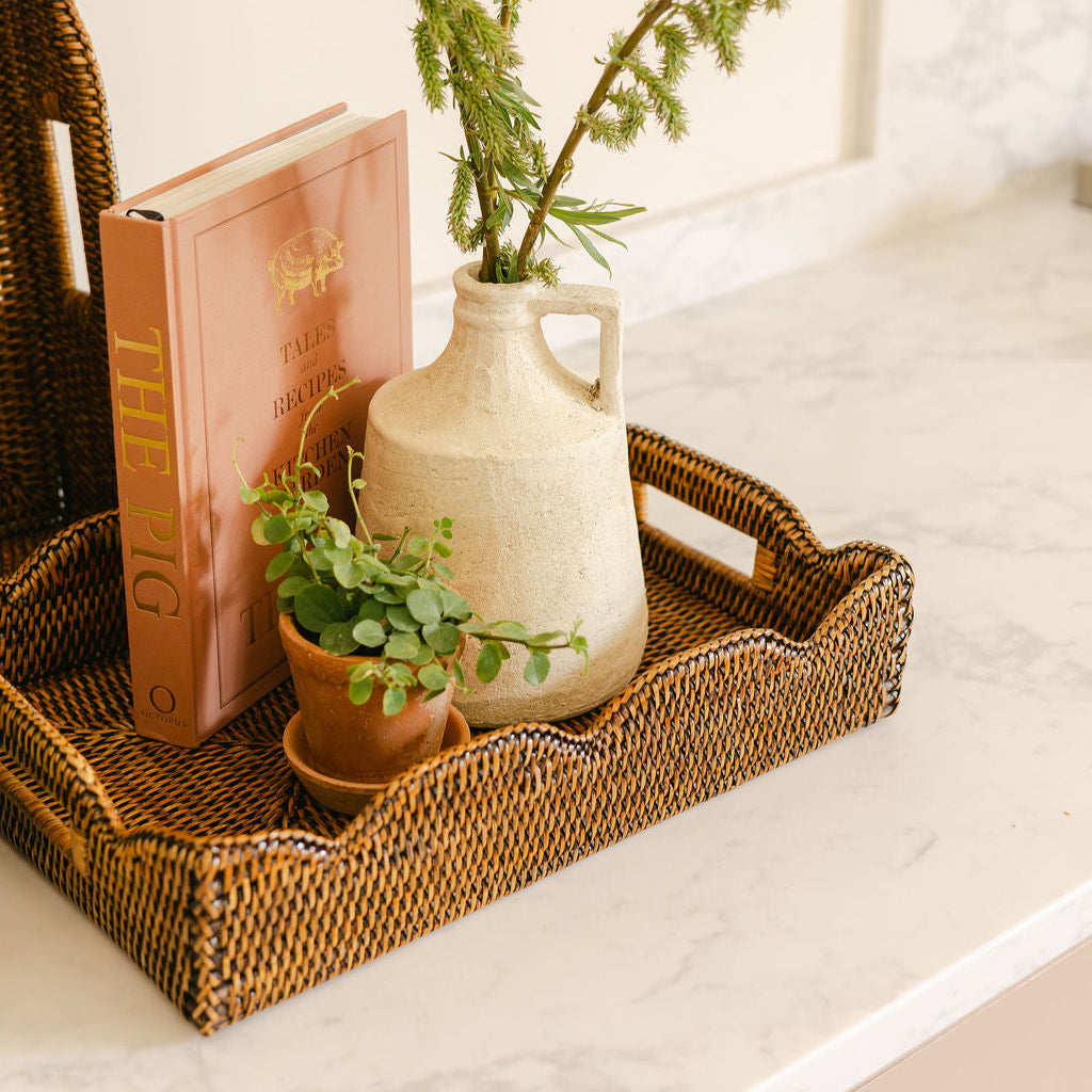 Handwoven Rattan Rectangular Scallop Tray