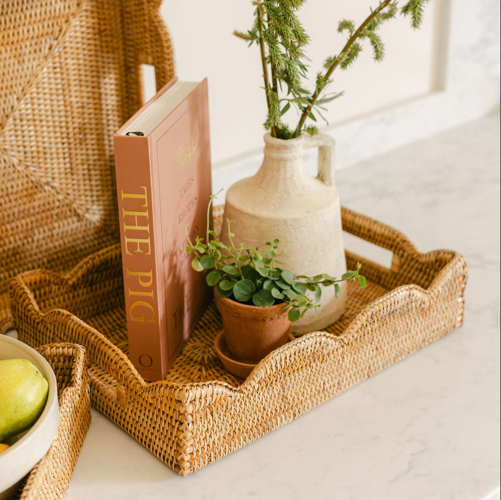 Handwoven Rattan Rectangular Scallop Tray