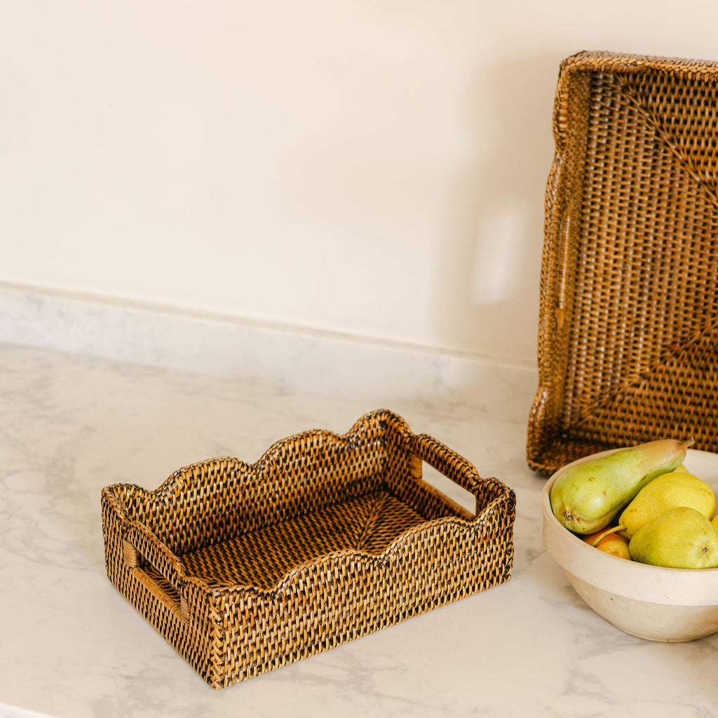 Handwoven Rattan Rectangular Scallop Tray