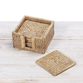 Rattan Square Coasters with Holder (Set of Six)