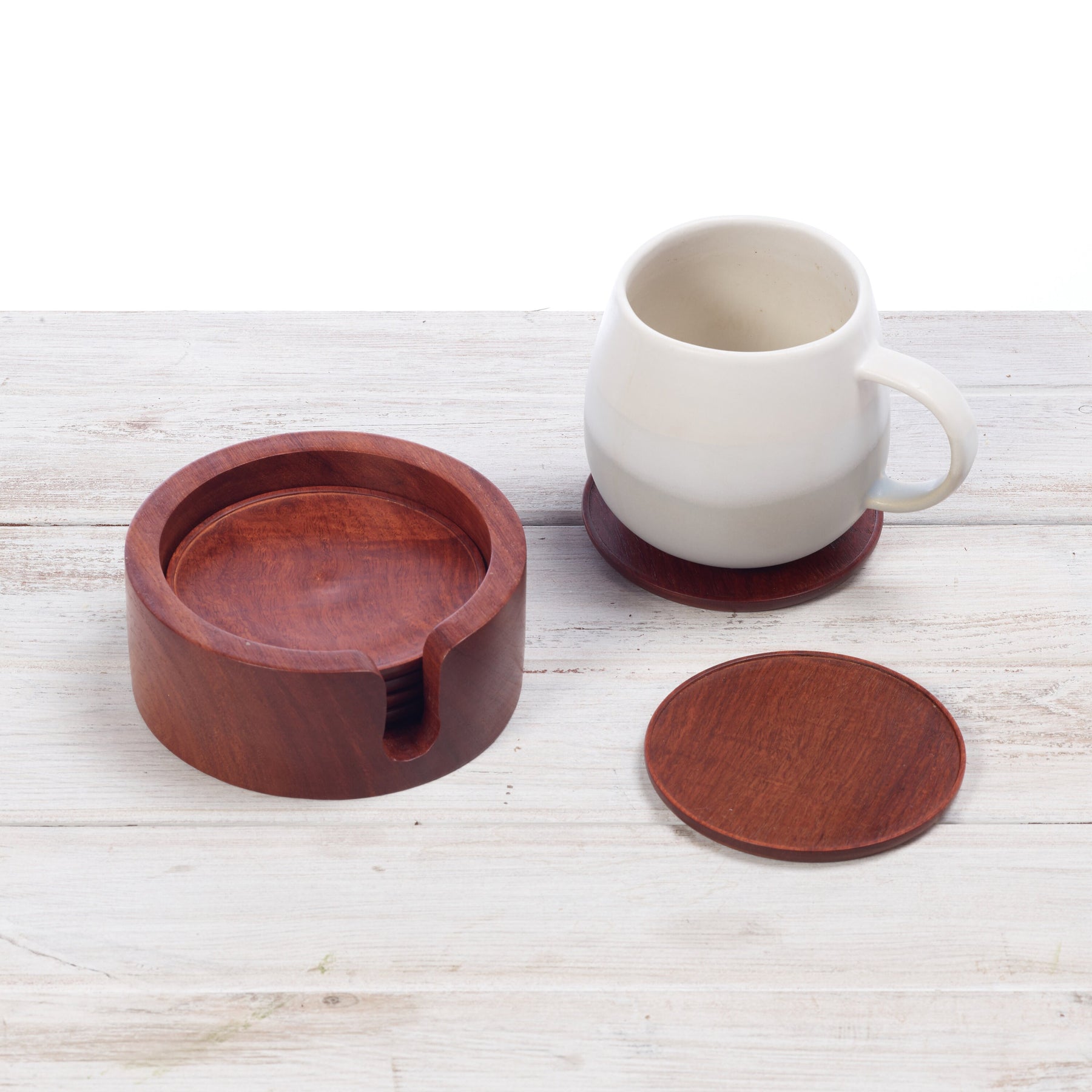 Rosewood Round Coasters with Holder (Set of Six)