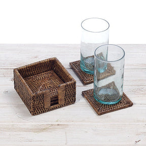 Rattan Square Coasters with Holder (Set of Six)