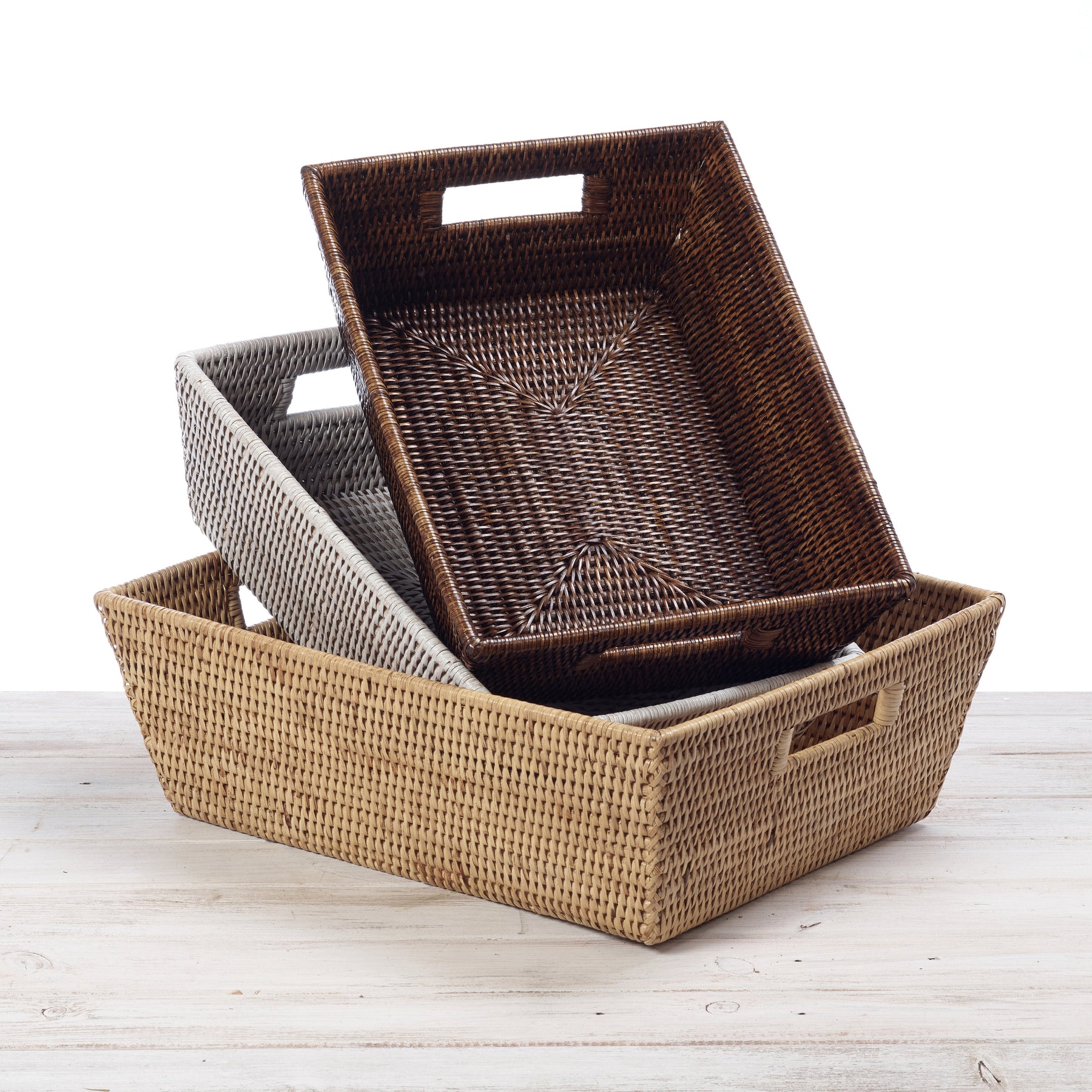 Rattan Tapered Rectangular Storage Basket with Insert Handles