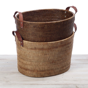 Rattan Large Oval Storage Basket with Leather Handles