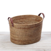 Rattan Large Oval Storage Basket with Leather Handles