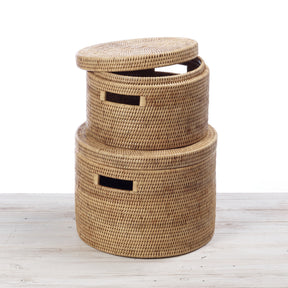 Rattan Lidded Storage Drum with Insert Handles