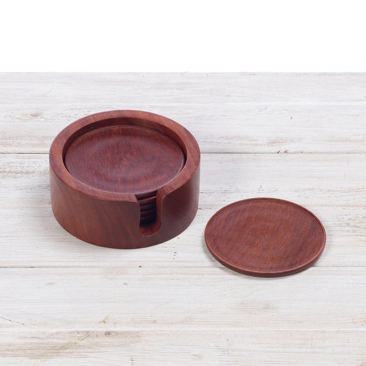 Rosewood Round Coasters with Holder (Set of Six)