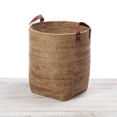 Rattan Tall Storage Basket with Leather Handles