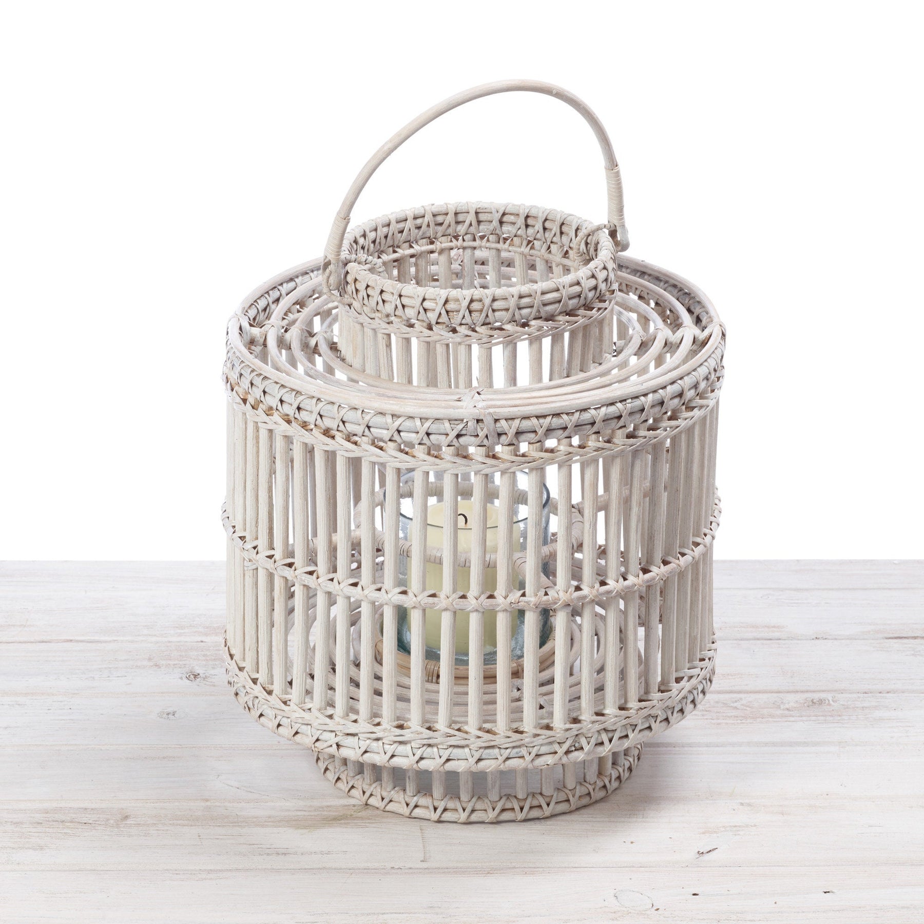 Rattan Large Cylindrical Lantern with Glass Candle Holder