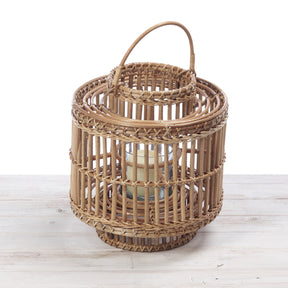 Rattan Large Cylindrical Lantern with Glass Candle Holder