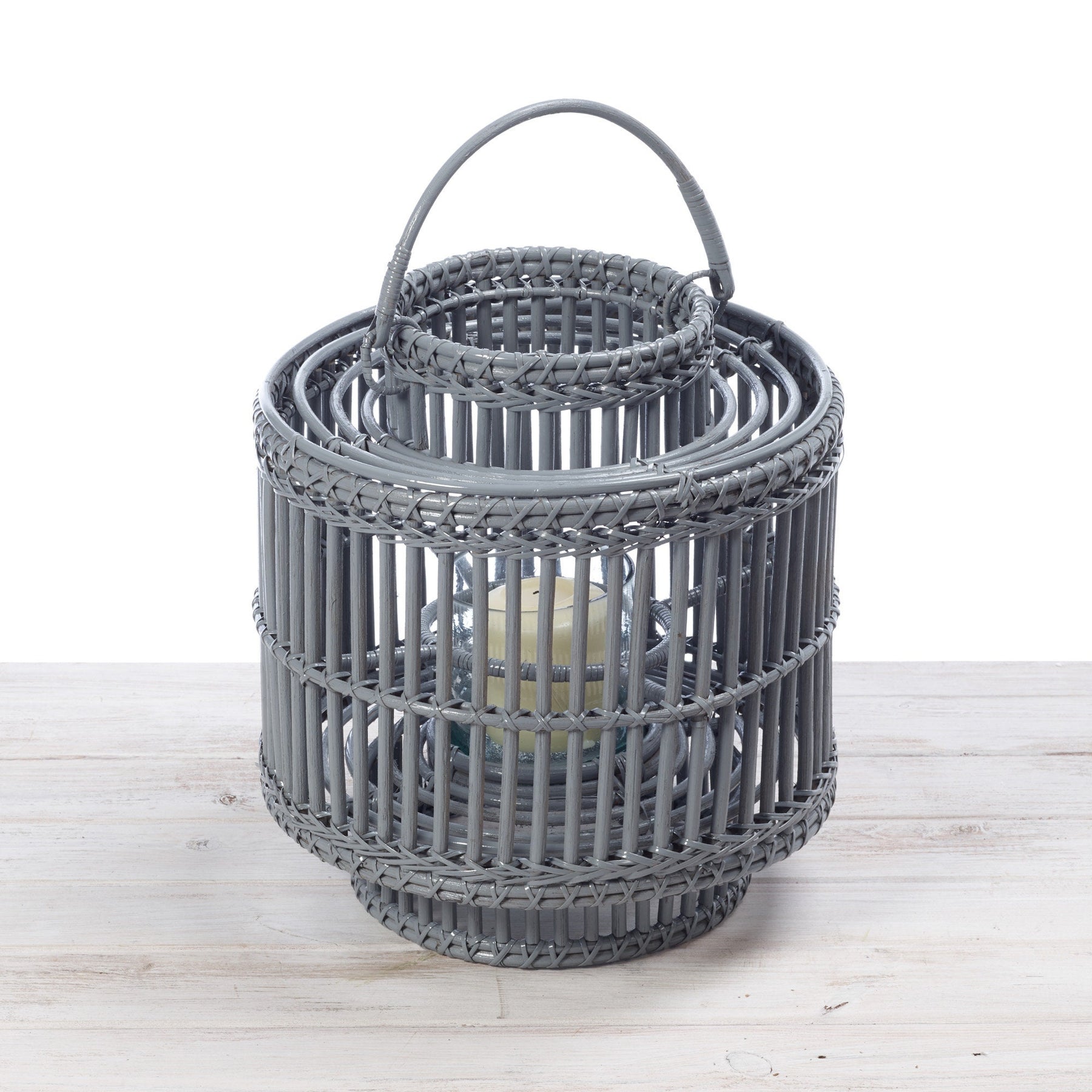 Rattan Large Cylindrical Lantern with Glass Candle Holder