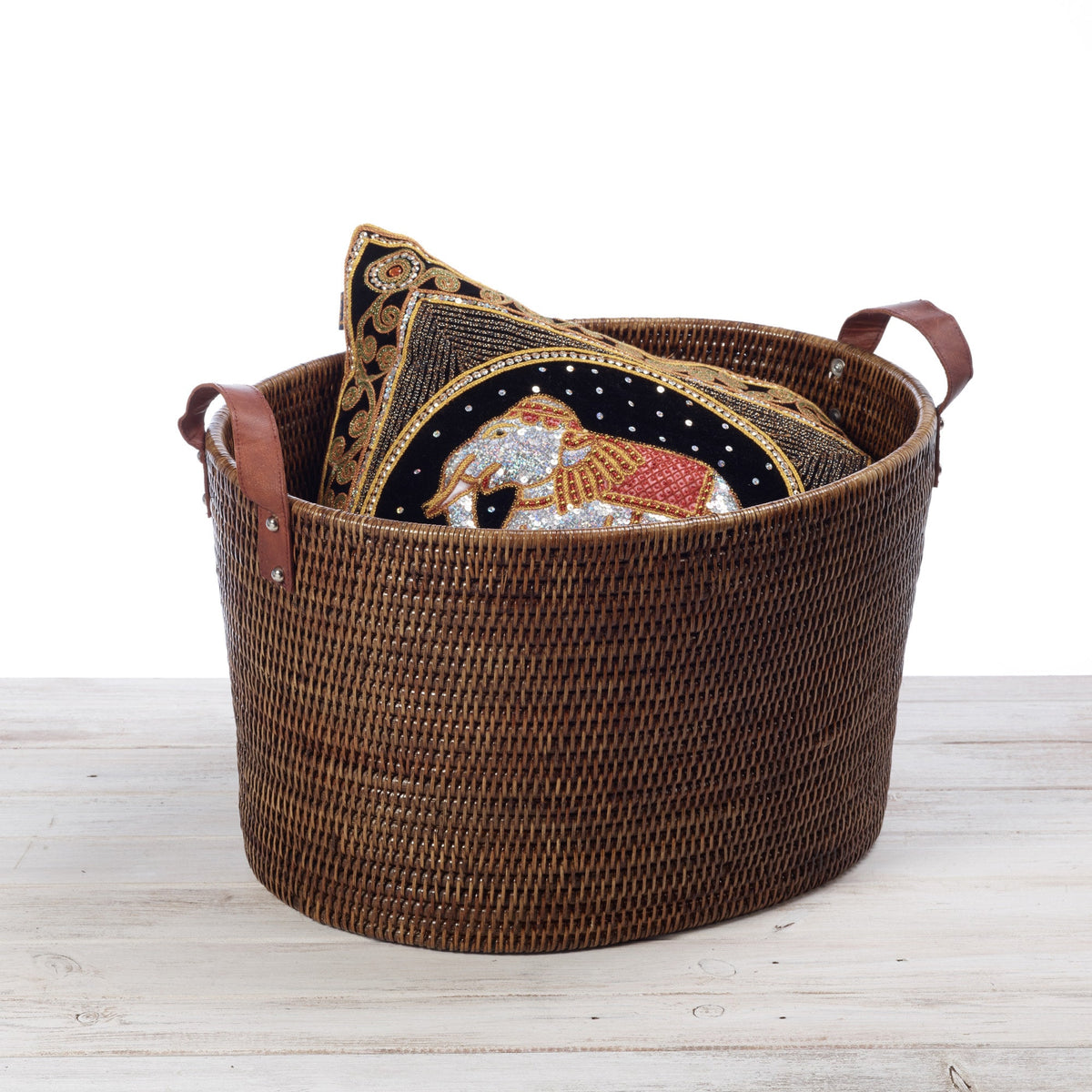 Rattan Large Oval Storage Basket with Leather Handles