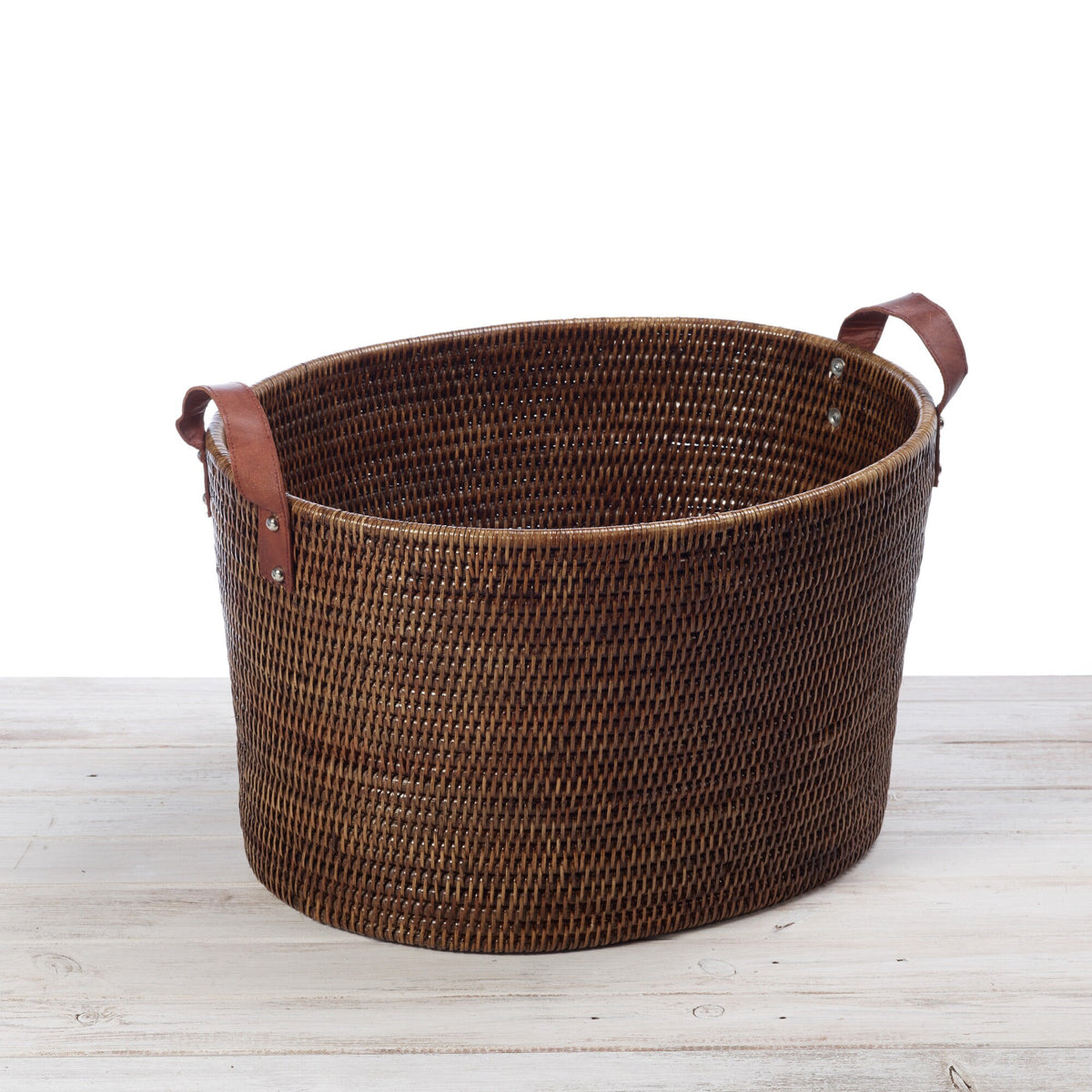 Rattan Large Oval Storage Basket with Leather Handles