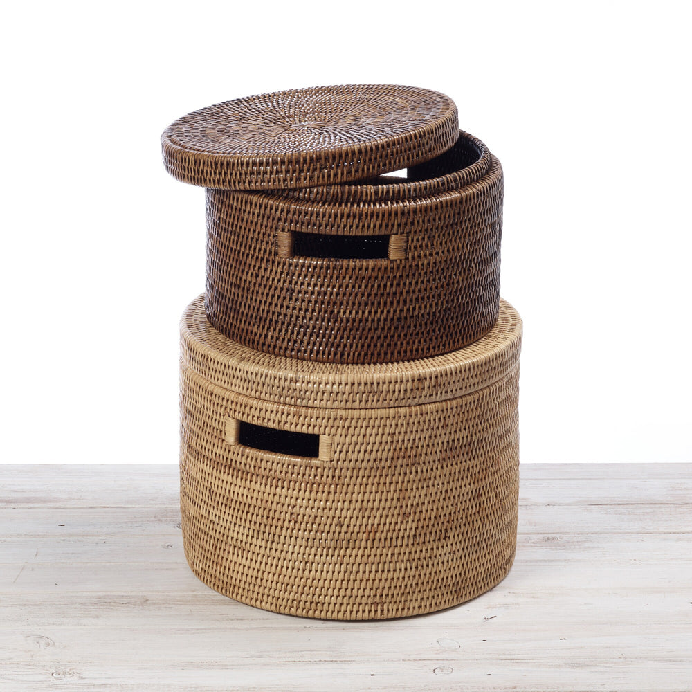 Rattan Lidded Round Storage Box with Inset Handles