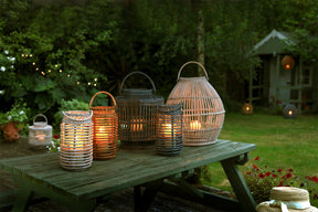 Rattan Large Cylindrical Lantern with Glass Candle Holder