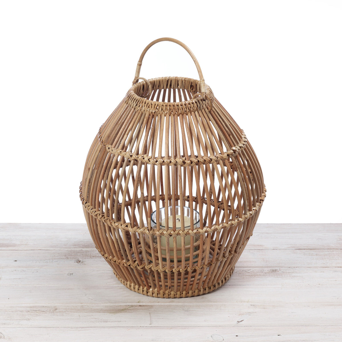 Rattan Large Spherical Lantern with Glass Candle Holder