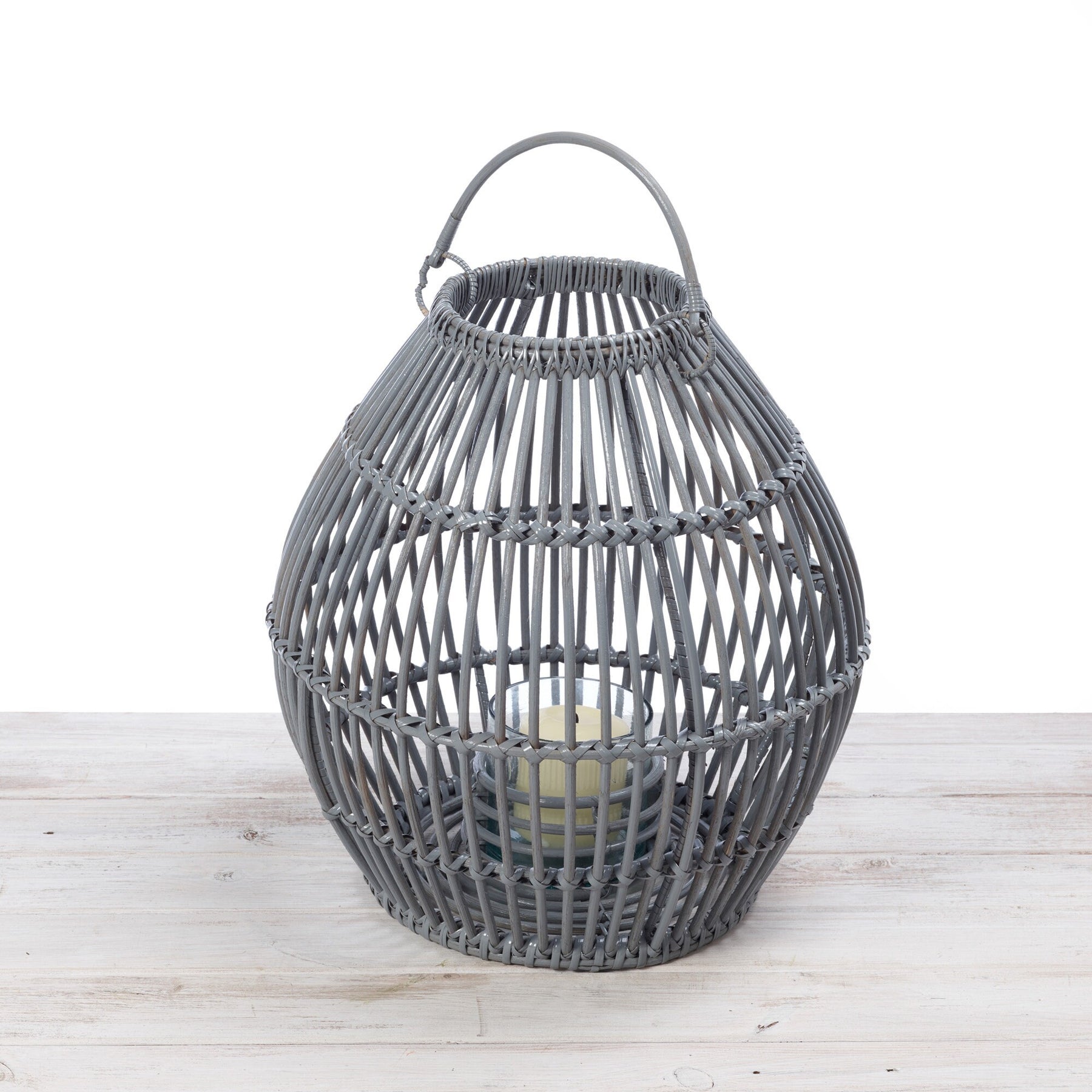 Rattan Large Spherical Lantern with Glass Candle Holder