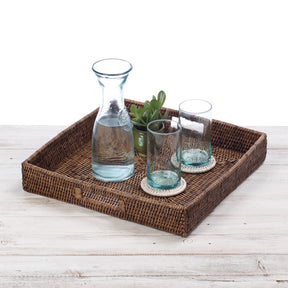 Rattan Square Serving Tray with Inset Handles