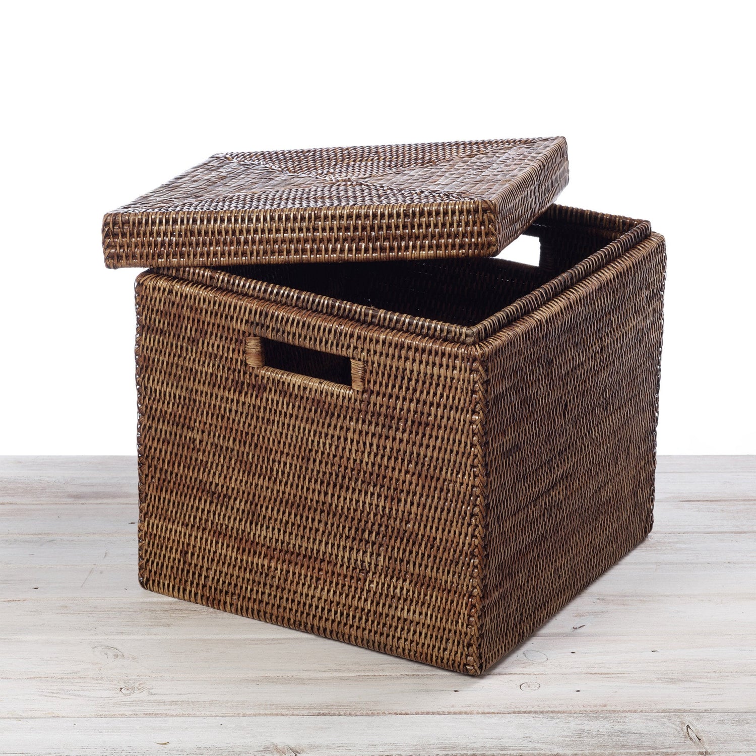 Square Rattan Boxes Rattan Lidded Square Storage Box with Inset Handles