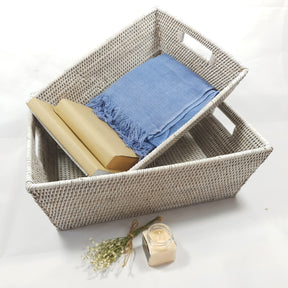 Rattan Tapered Rectangular Storage Basket with Insert Handles