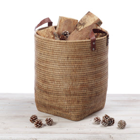 Rattan Tall Storage Basket with Leather Handles