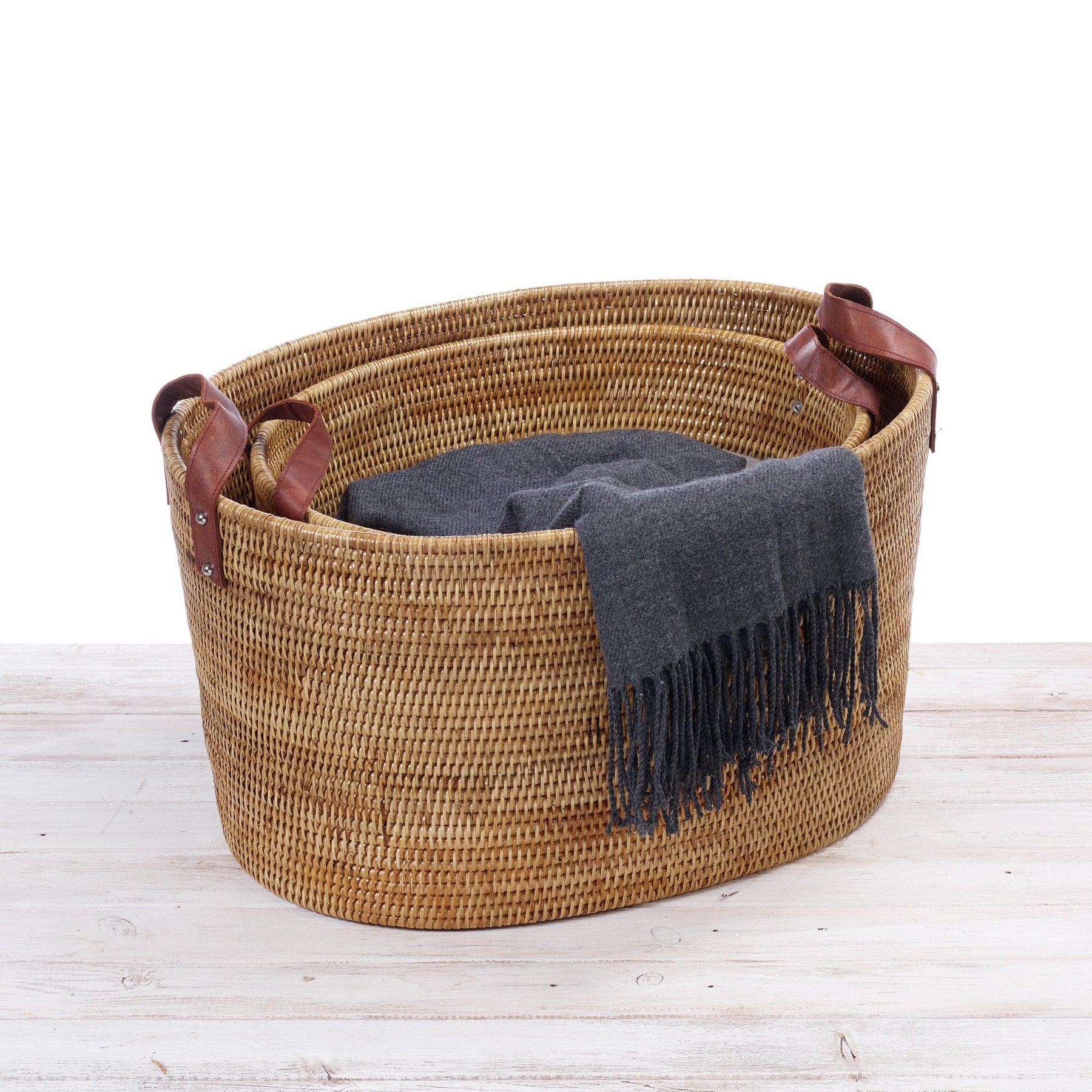 Rattan Large Oval Storage Basket with Leather Handles