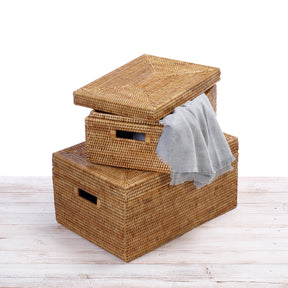 Rattan Lidded Rectangular Storage Box with Insert Handles